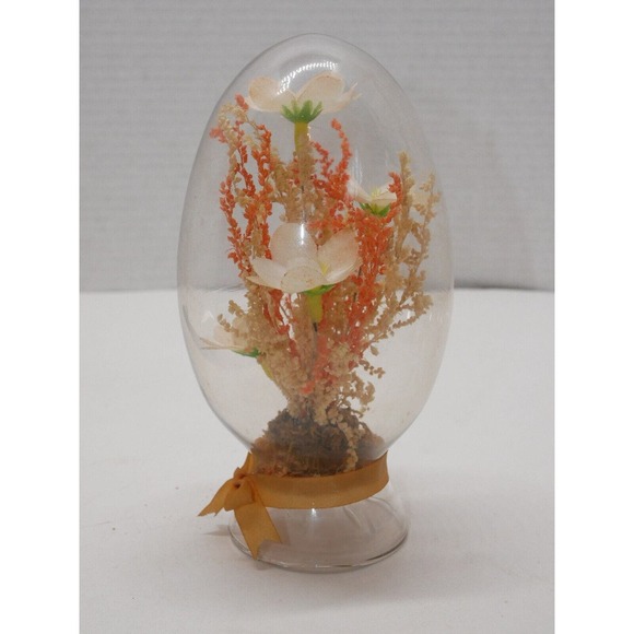 VTG 6" Tall Floral Diorama in Glass Egg Orange Boho 1970's Made in Taiwan - Picture 4 of 10